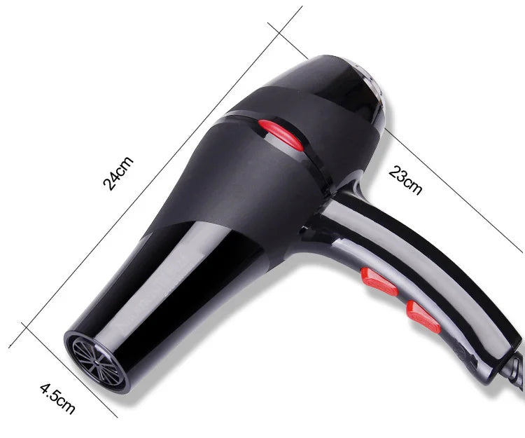 Black 2100W professional salon hair dryer with dimensions and ergonomic red button controls for fast drying.