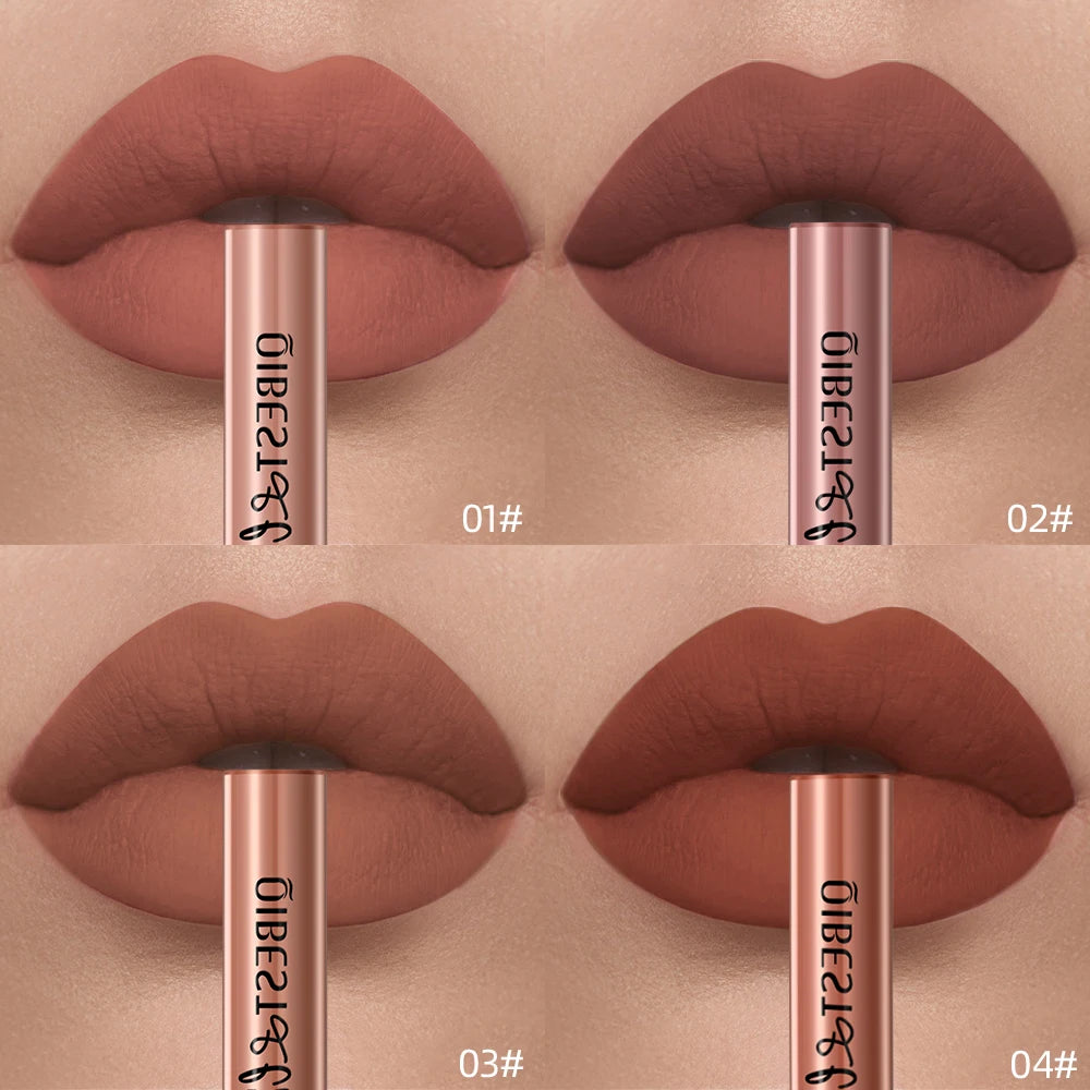 Four shades of waterproof, velvet matte liquid lipstick in nude and earthy tones with a long-lasting, nonstick finish.
