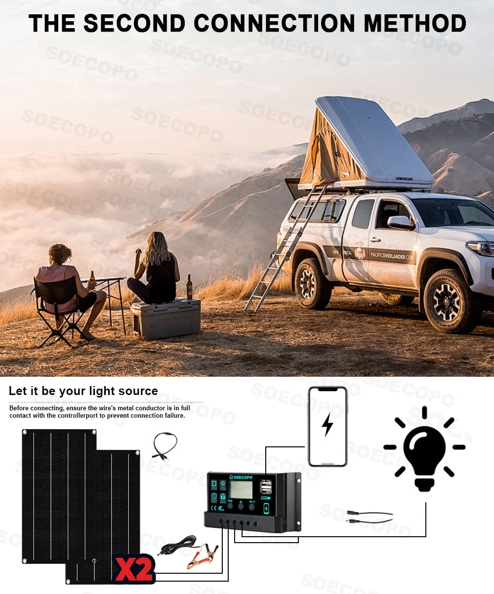 SOECOPO 7000W Peak Solar System Kit 2x800W Panels 100A Controller DC 12V To AC 110V 220V Inverter Generator for Home Camping