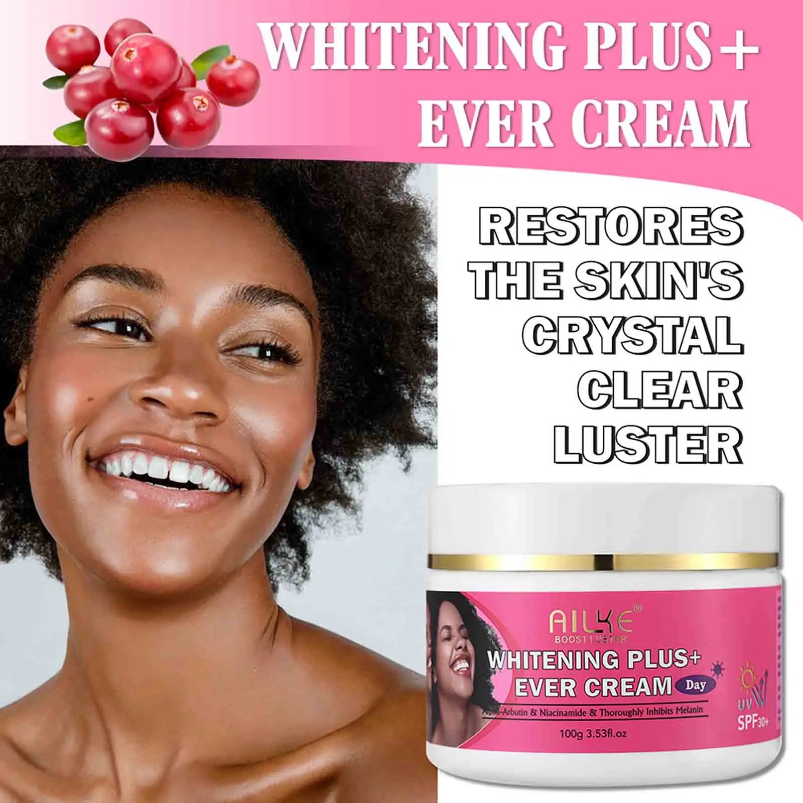AILKE Whitening Plus+ Ever Cream for dark spots and acne. Organic vegan skin brightening face cream in a white jar.