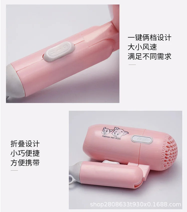 Pink mini folding hair dryer, 400W low power travel blow dryer with 2-speed switch and portable compact design.