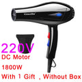 Black 1800W professional hair dryer with EU plug, heat settings, concentrator nozzle, and powerful 220V DC motor.