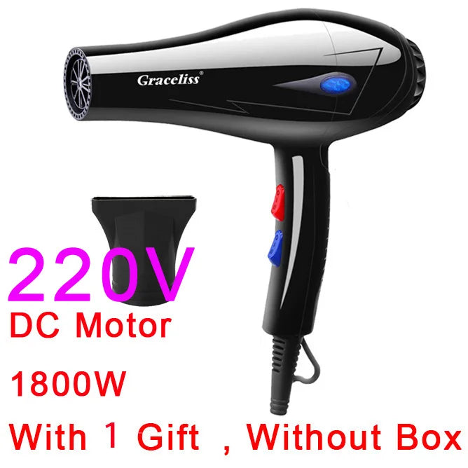 Black 1800W professional hair dryer with EU plug, heat settings, concentrator nozzle, and powerful 220V DC motor.