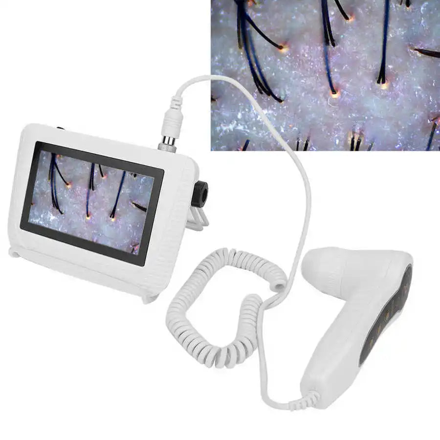 White 50X/200X digital skin and hair follicle analyzer with handheld probe, display screen, and scalp testing view.
