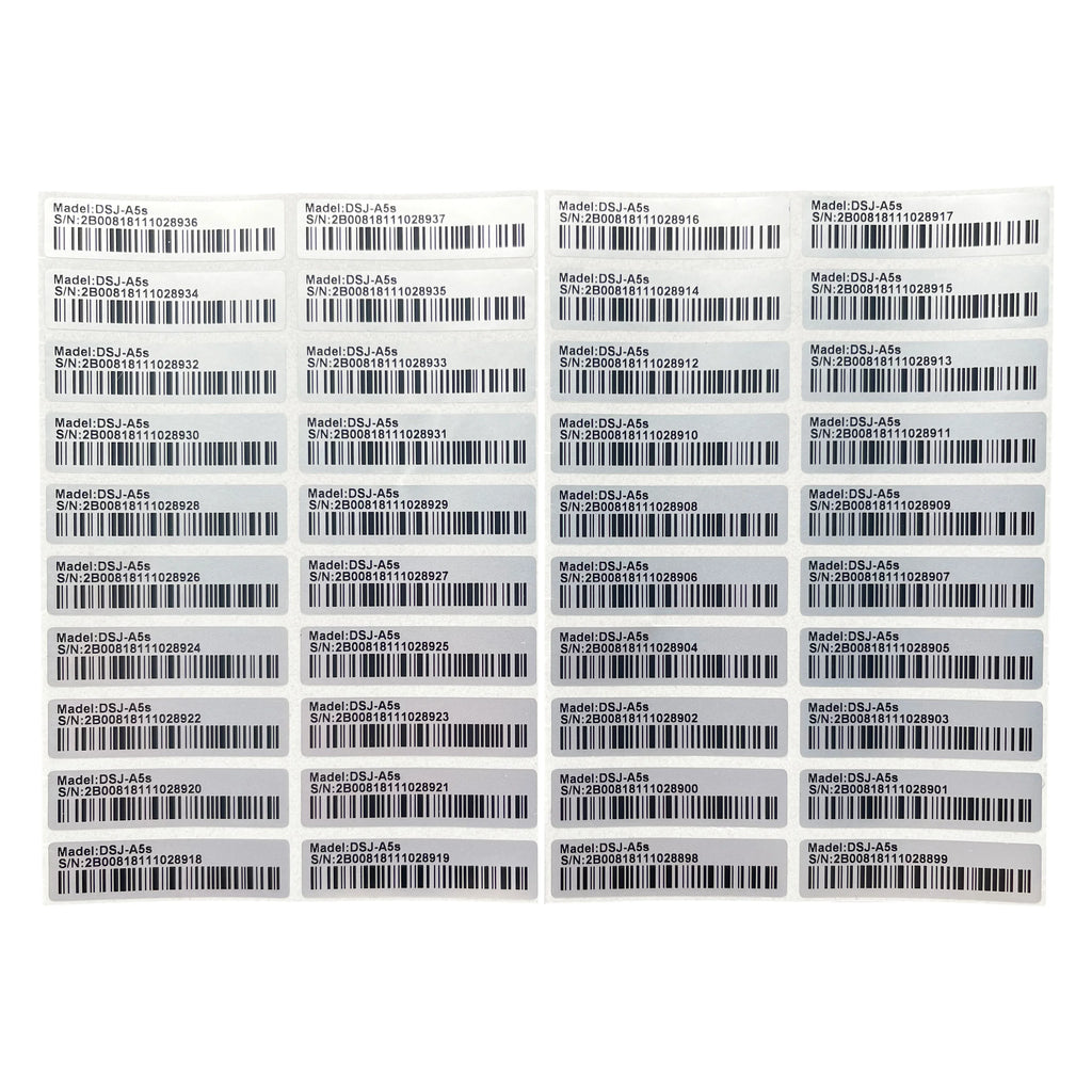 100pcs matte silver PET 40x10mm barcode labels, pre-printed, fade-resistant, for durable pet product packaging.