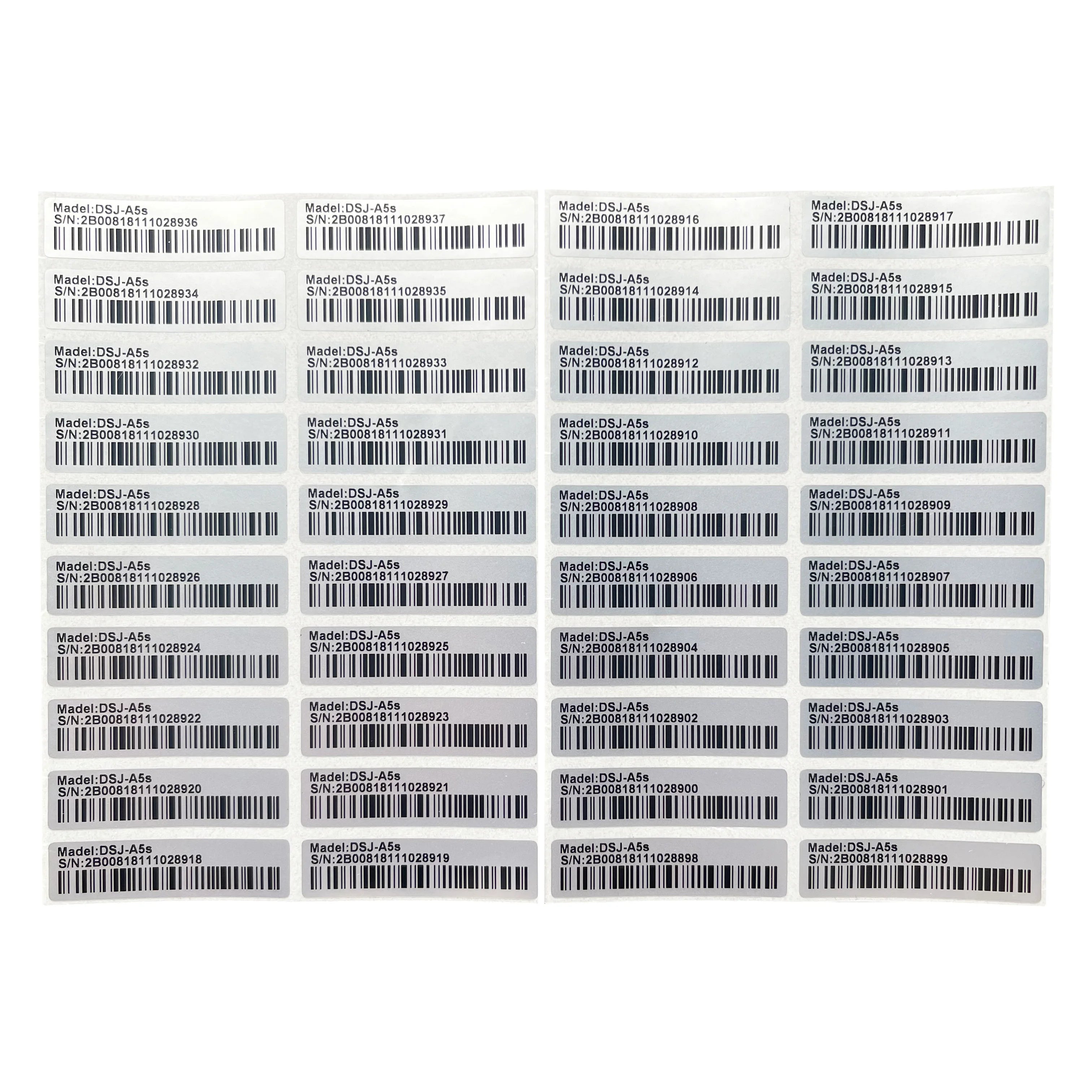 100pcs matte silver PET 40x10mm barcode labels, pre-printed, fade-resistant, for durable pet product packaging.