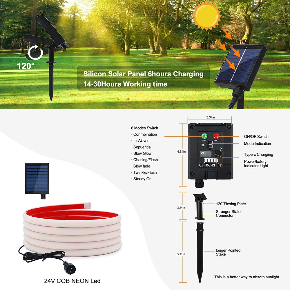 Solar Neon Light Strip 24V COB Waterproof IP68 Red Green Blue Warm Natural White 320LEDs/m Flexible High Density Linear Lighting