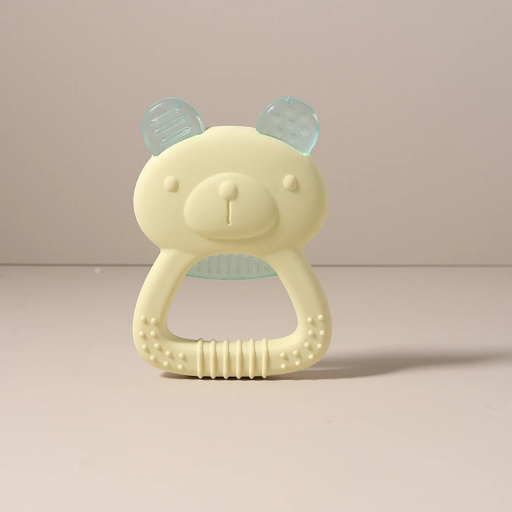 Yellow and blue bear silicone teething toy for baby teething relief.