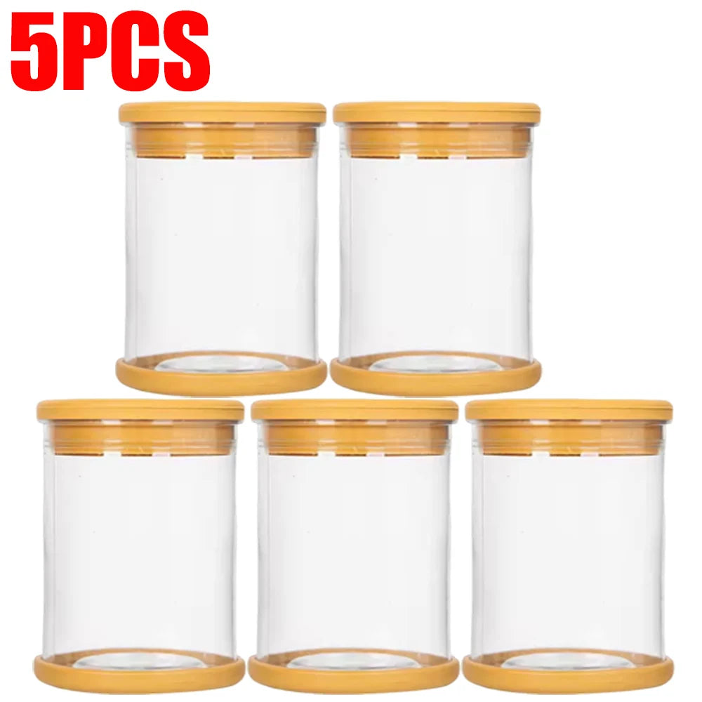 Set of 5 clear hydroponic plant containers with amber lids and non-slip bottom stoppers