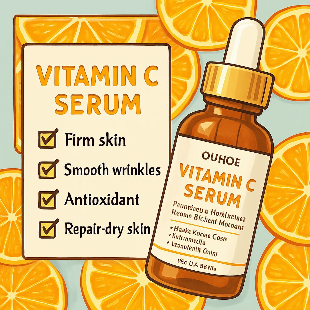 Illustrated amber glass dropper bottle of Vitamin C serum with a checklist of benefits on a background of orange slices.