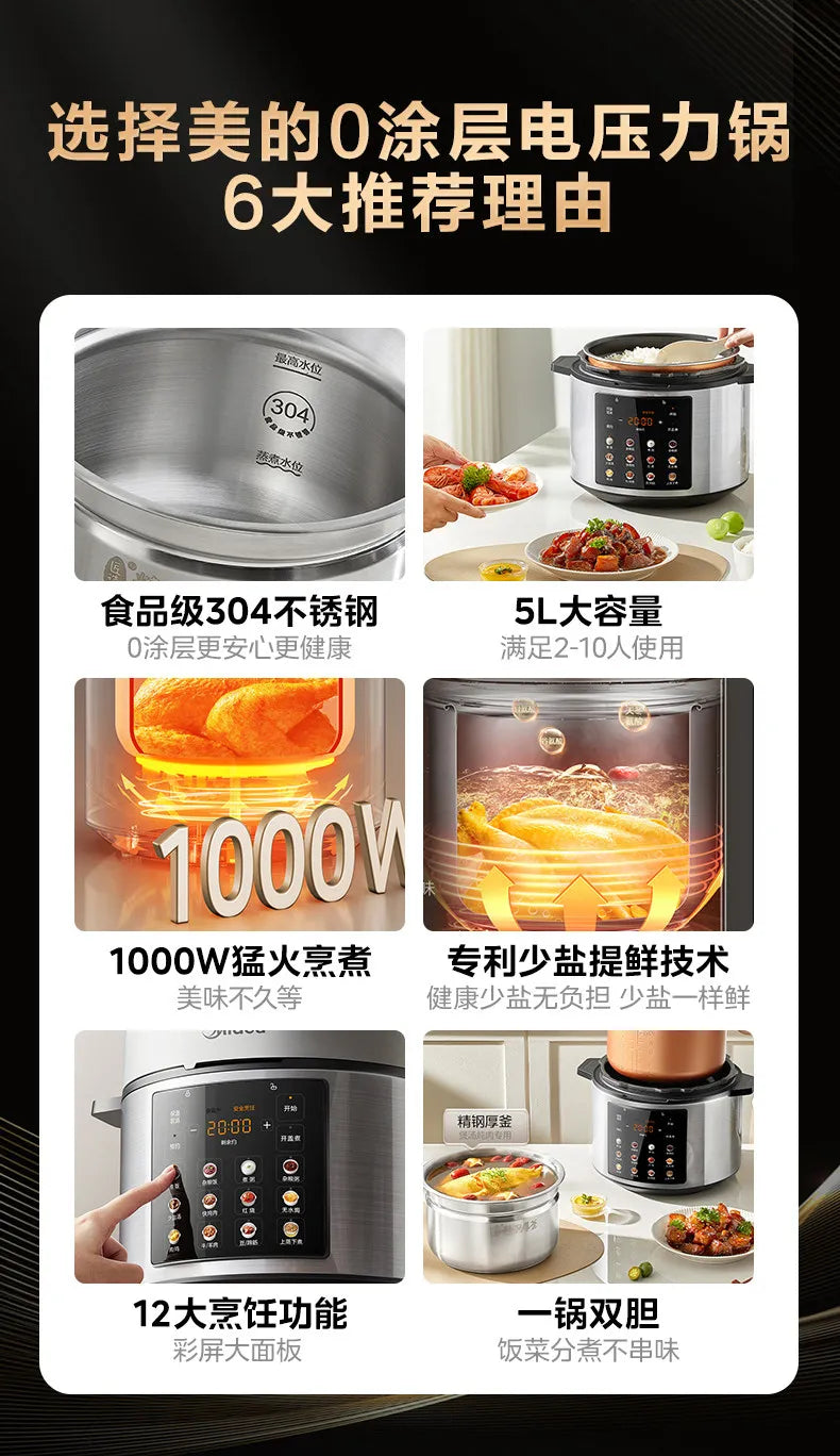 Midea electric pressure cooker with stainless pot, featuring 304-grade and 1000W heating graphics