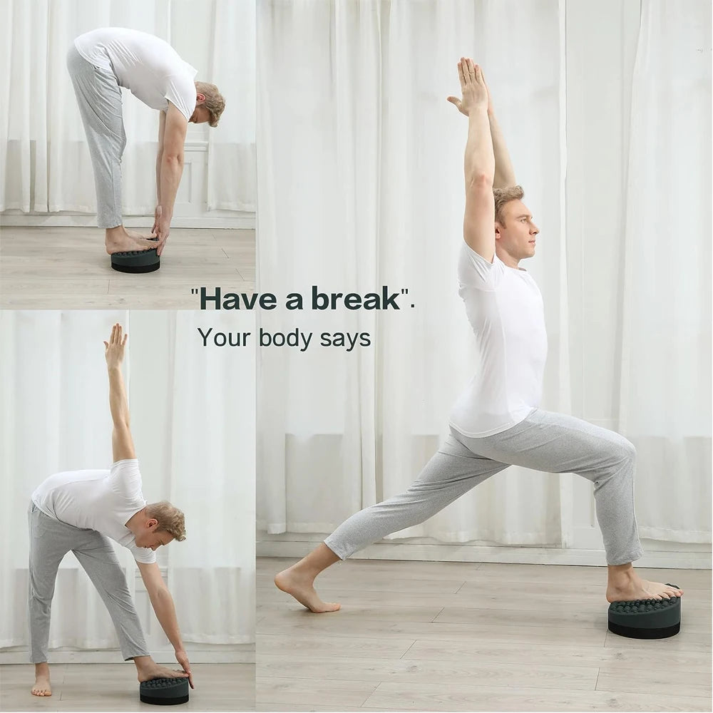 Man using round grey silicone foot massager for office stretches and plantar fasciitis relief.