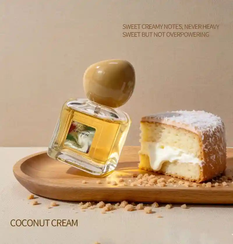 Long-lasting Coconut Vanilla EDP perfume for men & women. Gourmand scent in a square glass bottle with round cap.