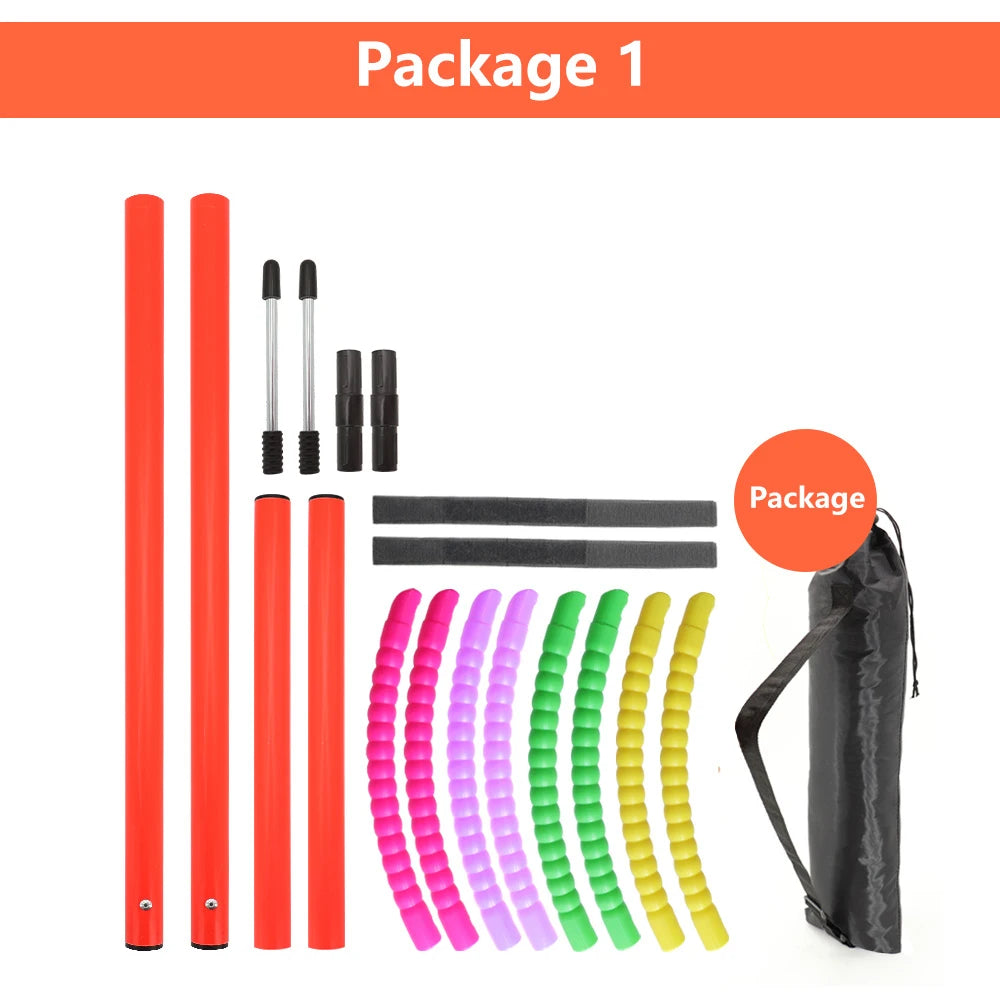 Portable dog agility jumping equipment set with colorful stakes and carry bag for outdoor pet exercise and training.