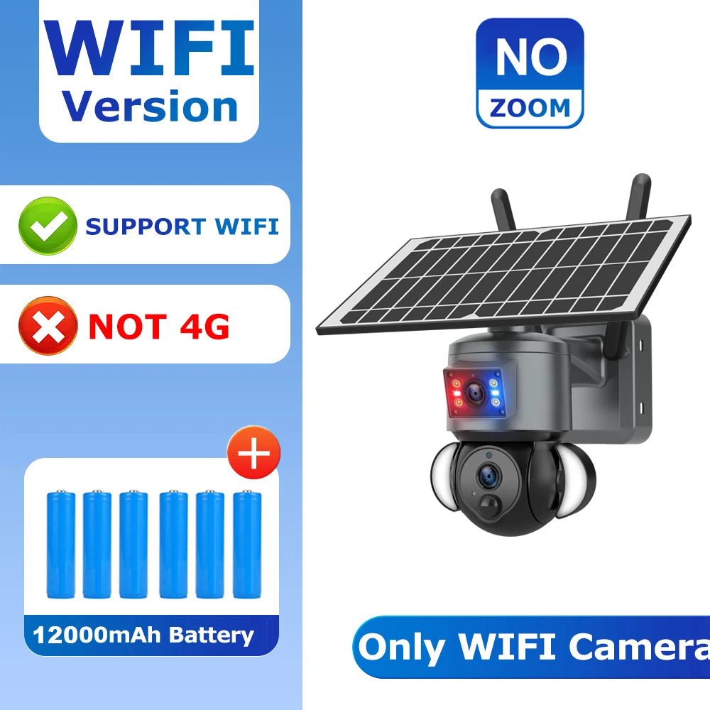 Solar dual-lens PTZ security camera with solar panel and two antennas, compact turret.