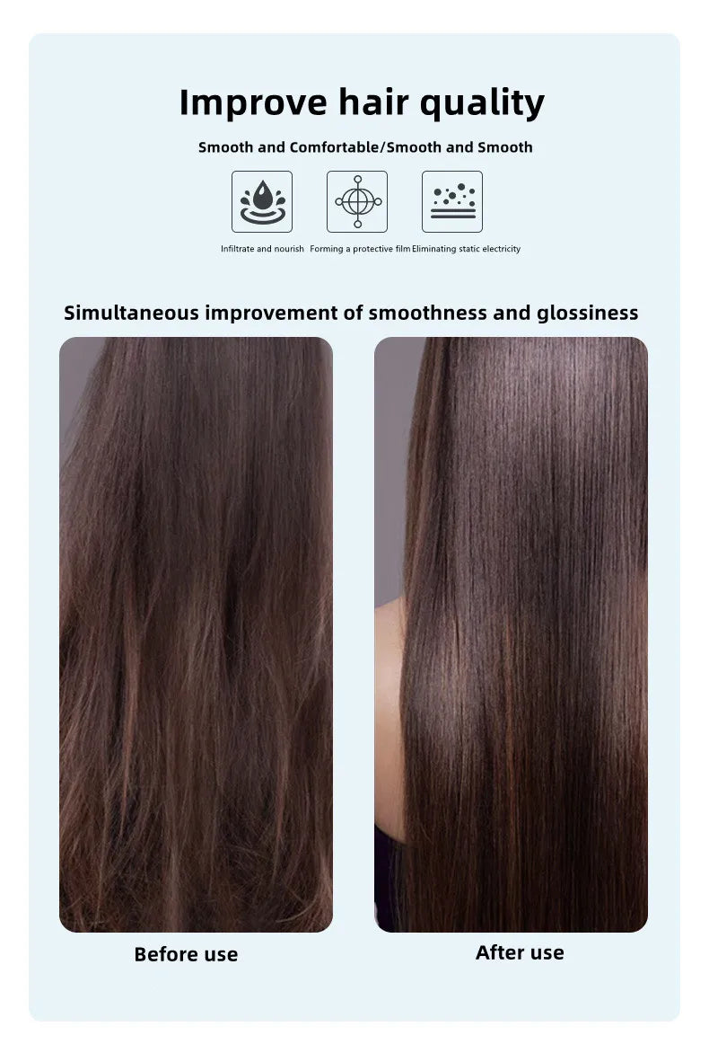 Before and after results of 2400W negative ion hair dryer showing improved smoothness, shine, and reduced frizz.