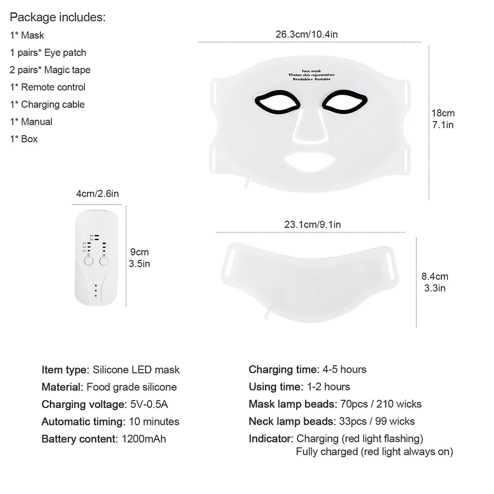Flexible white silicone LED face and neck mask with remote control, showing dimensions and technical specifications.