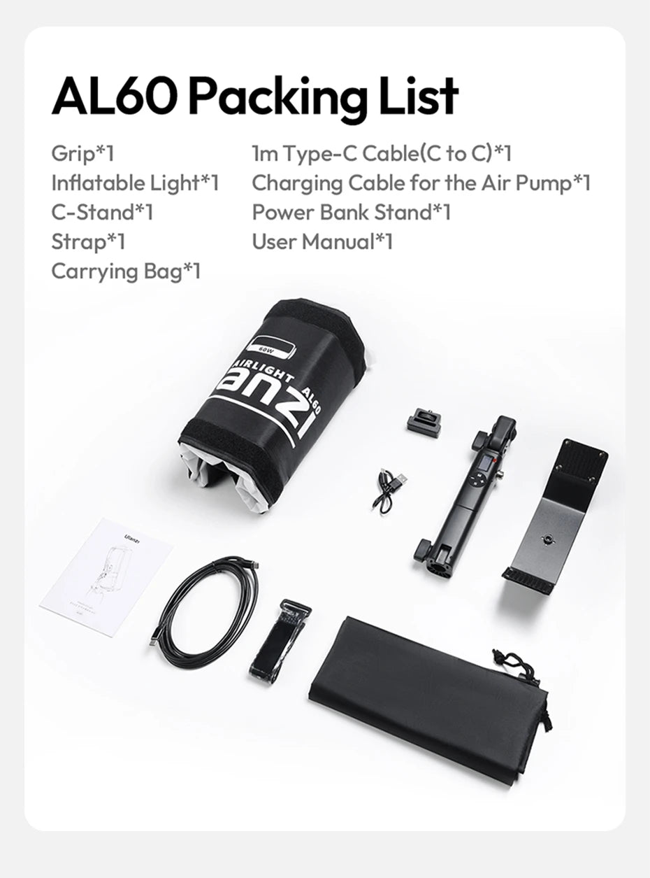 AL60 inflatable light kit includes a portable light, grip, stand, cables, strap, and storage bag on a white background.