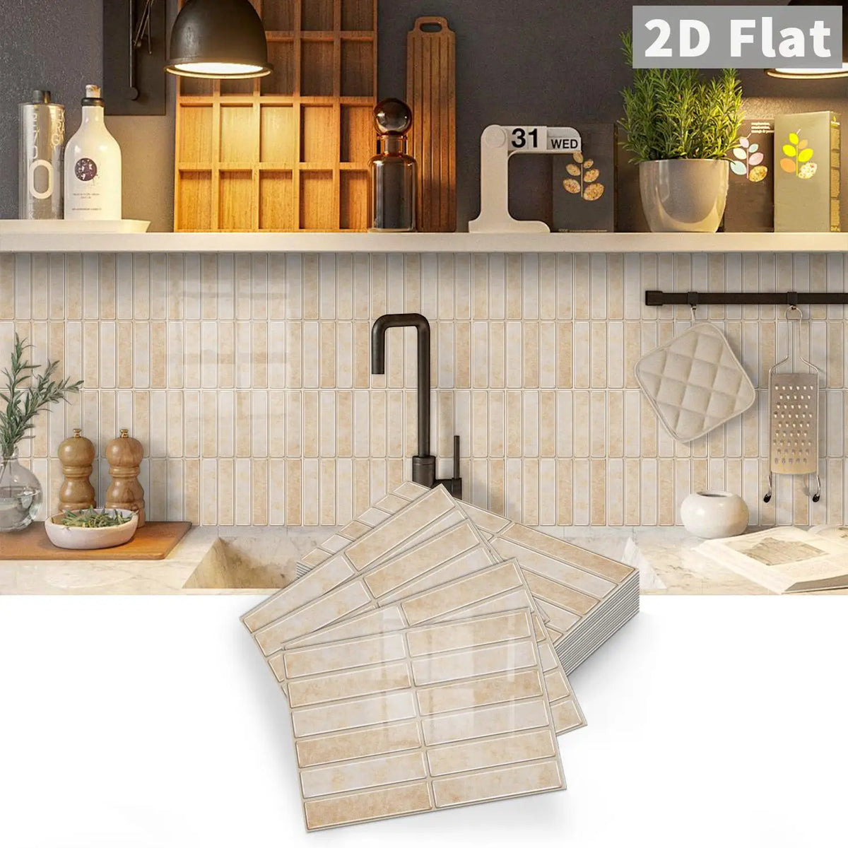 Self-adhesive beige tile decal sheets, peel-and-stick wall decor