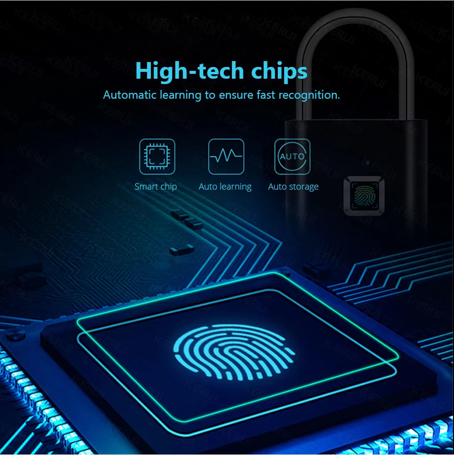 KERUI Fingerprint Lock Keyless USB Charging Smart Padlock Anti-theft Zinc Waterproof Door Lock 0.2sec Unlock Portable Door Lock