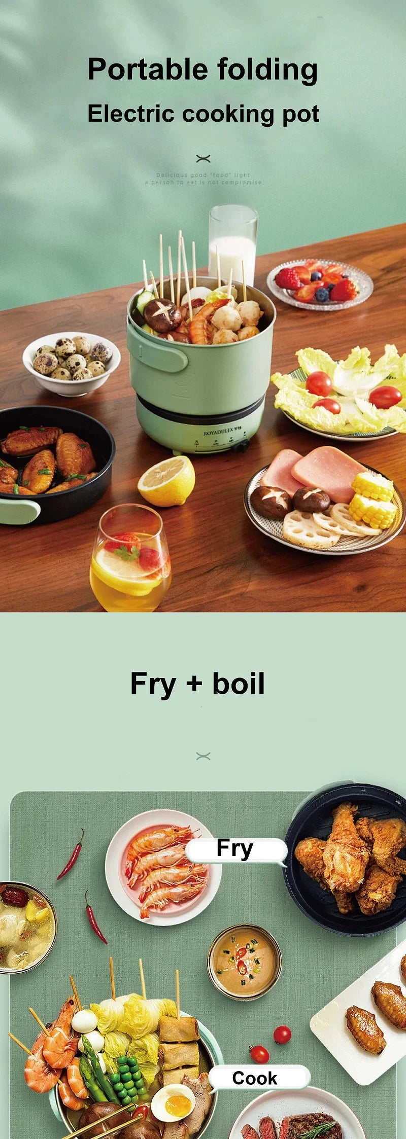 Green portable folding electric cooking pot with accessories for fry and boil