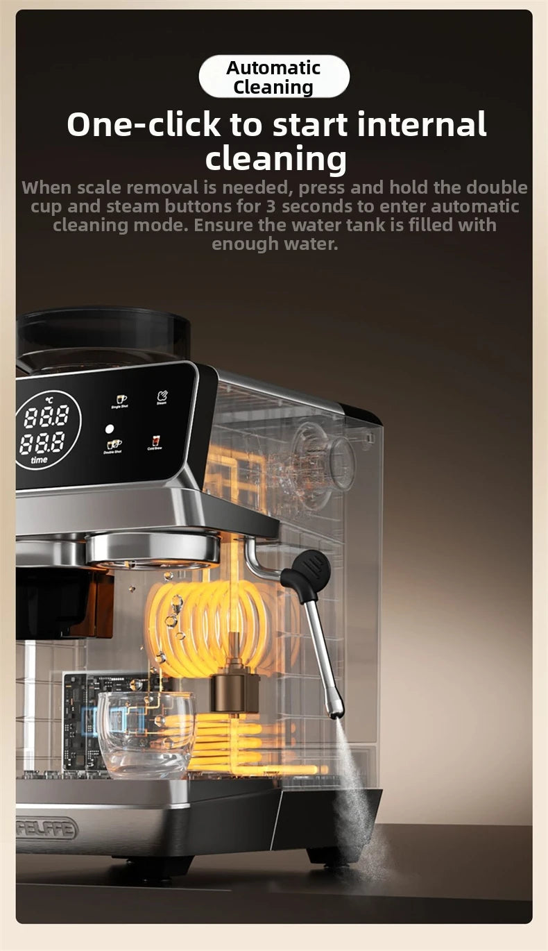 Felfre stainless steel espresso machine with transparent water tank, digital display, and auto-cleaning steam wand.