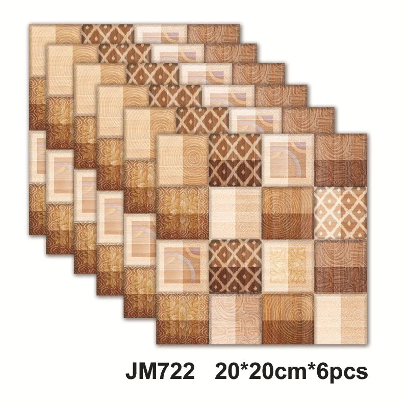 Self-adhesive marble wall tile stickers, beige and brown block pattern tiles, 6-piece set