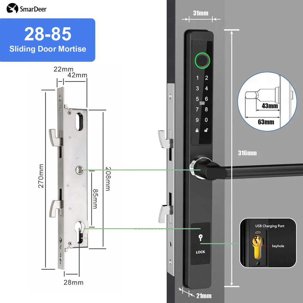 SmarDeer IP65 Waterproof Sliding Door Smart Lock，Tuya WiFi Broken Bridge Aluminum Sliding Door  Fingerprint Lock