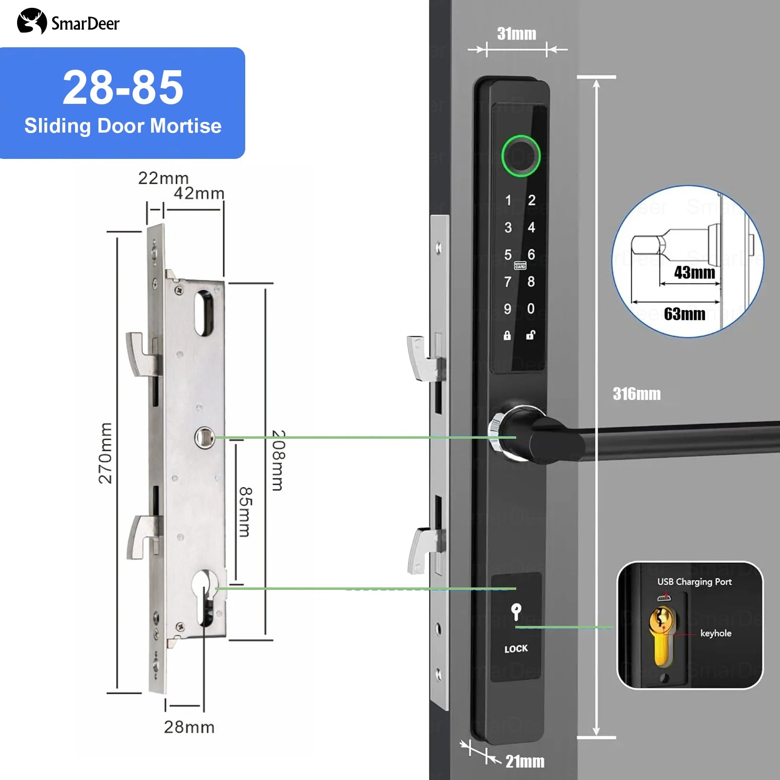 SmarDeer IP65 Waterproof Sliding Door Smart Lock，Tuya WiFi Broken Bridge Aluminum Sliding Door  Fingerprint Lock