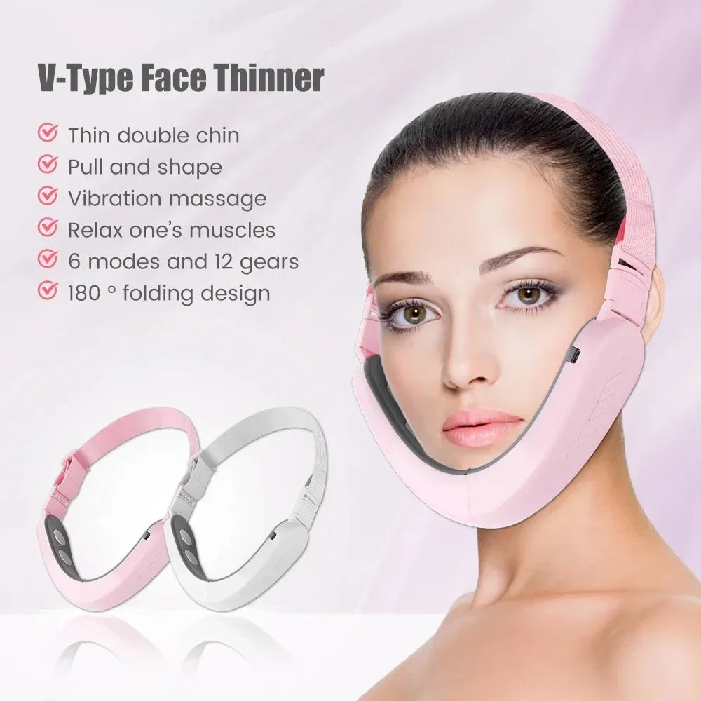A woman wears a pink, V-shaped electric face-lifting massager. An additional white unit is shown next to her.
