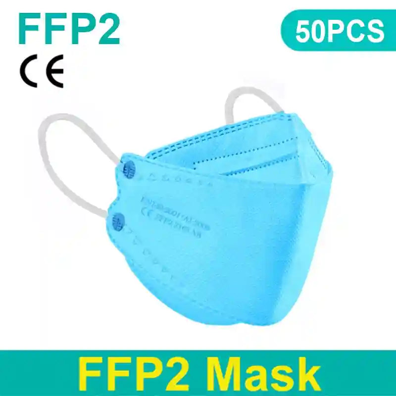 Bright blue 4-layer FFP2 KN95 respirator mask with white ear loops, 50-piece pack, protective dustproof face mask.