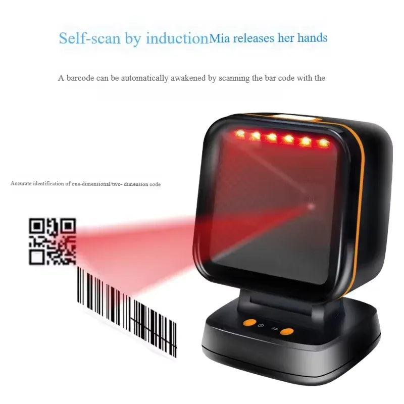 Omnidirectional desktop barcode scanner scanning 1D and 2D codes with red beam