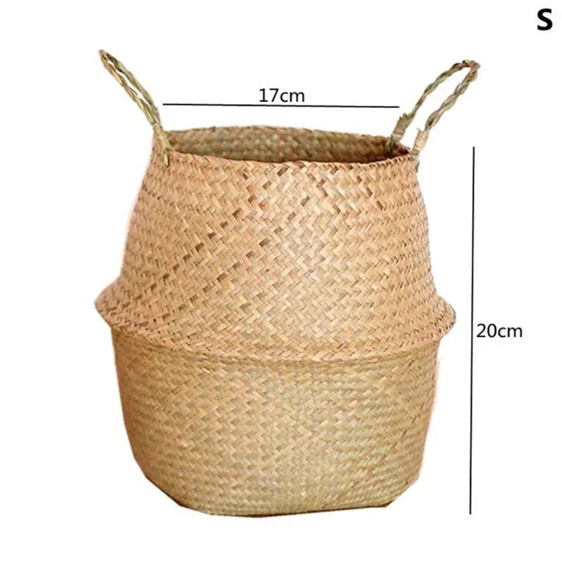Small natural straw woven planter basket with carrying handles, open top