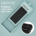 DIYDAY 16-row black individual mink lash extension tray with BASF fiber, featured in a light blue case.