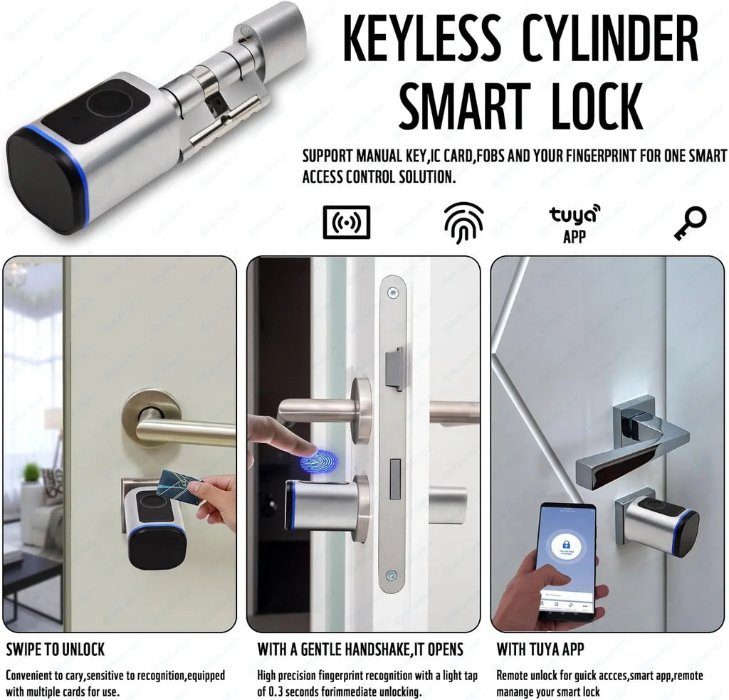 EU Door Smart Cylinder Lock with App Control & Fingerprint, Easy DIY Keyless Entry for Landlords, Tenants, Home Office
