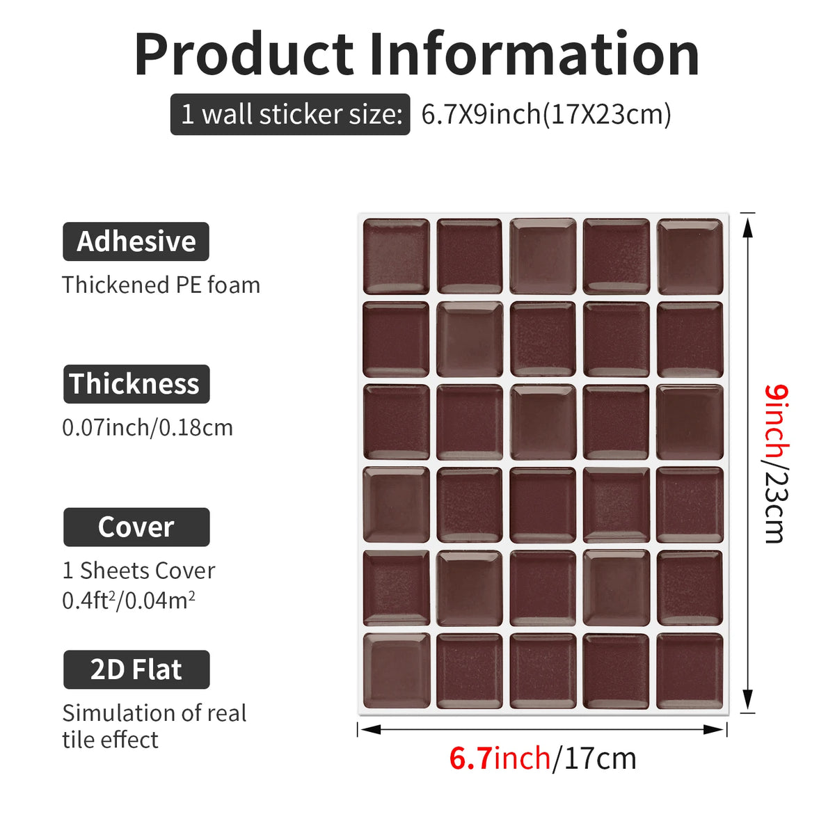 Dark brown mosaic tile wall sticker sheet with shiny 3D square tile blocks