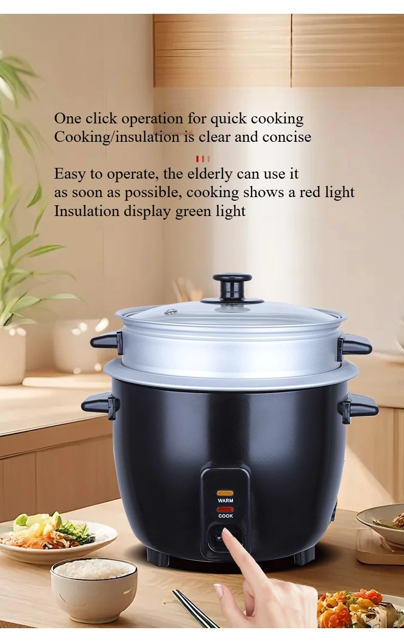 Mini electric rice cooker with glass lid, control panel, and one-touch switch