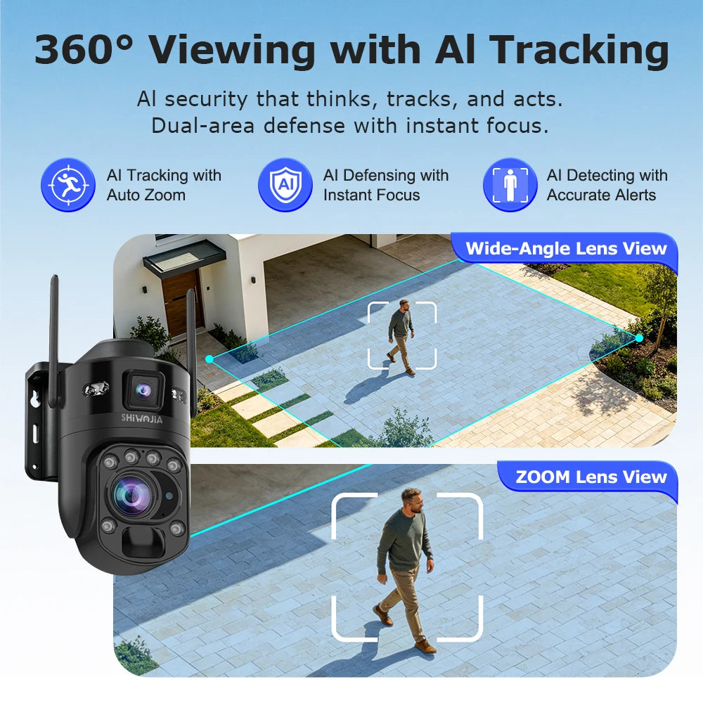 SHIWOJIA AI Ubox 4K 60X Optical Zoom 4G Solar Camera Dual Screen Outdoor WiFi PTZ PIR Detection Human Auto Tracking CCTV Cameras