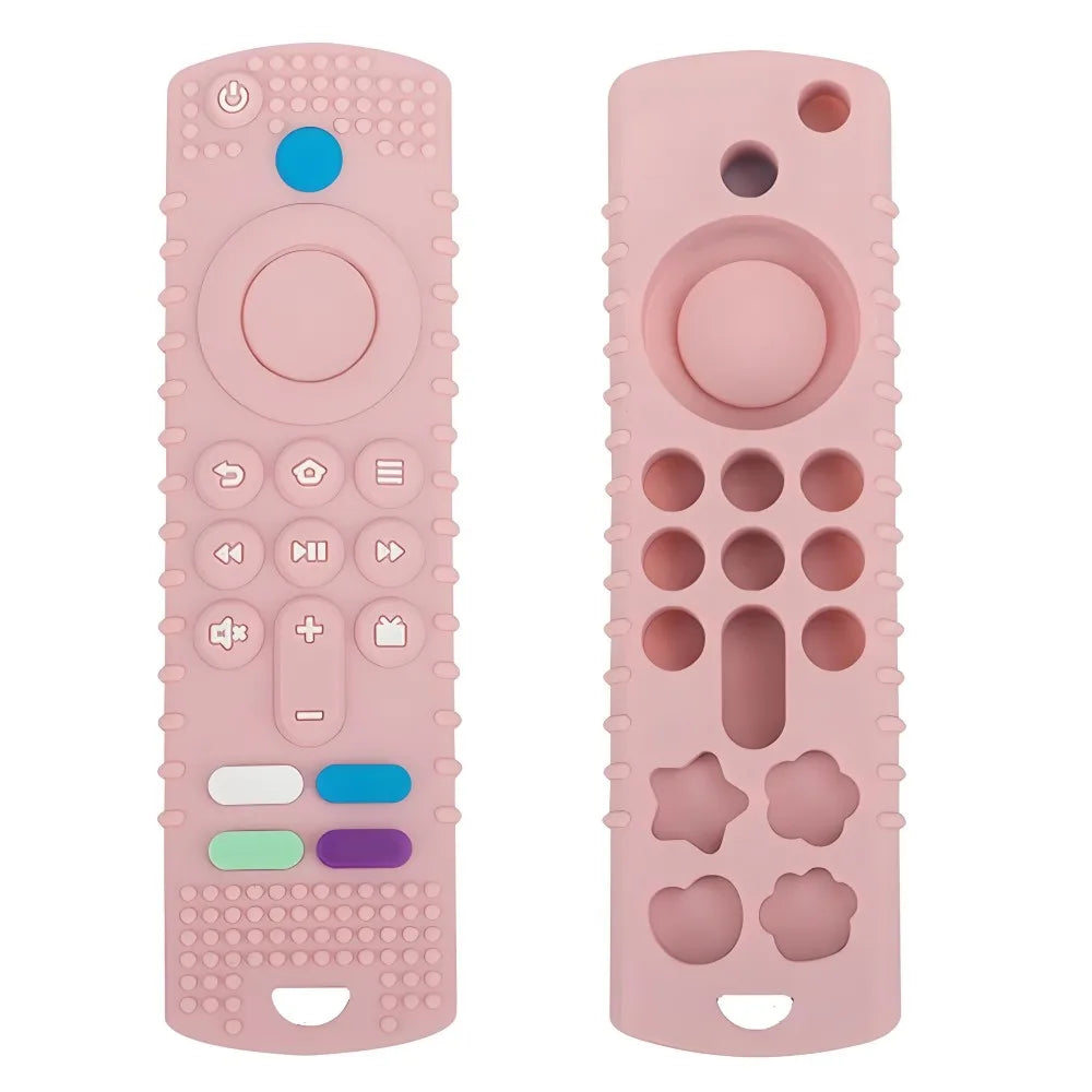 Pink silicone remote control baby teething toy for soothing sore gums.