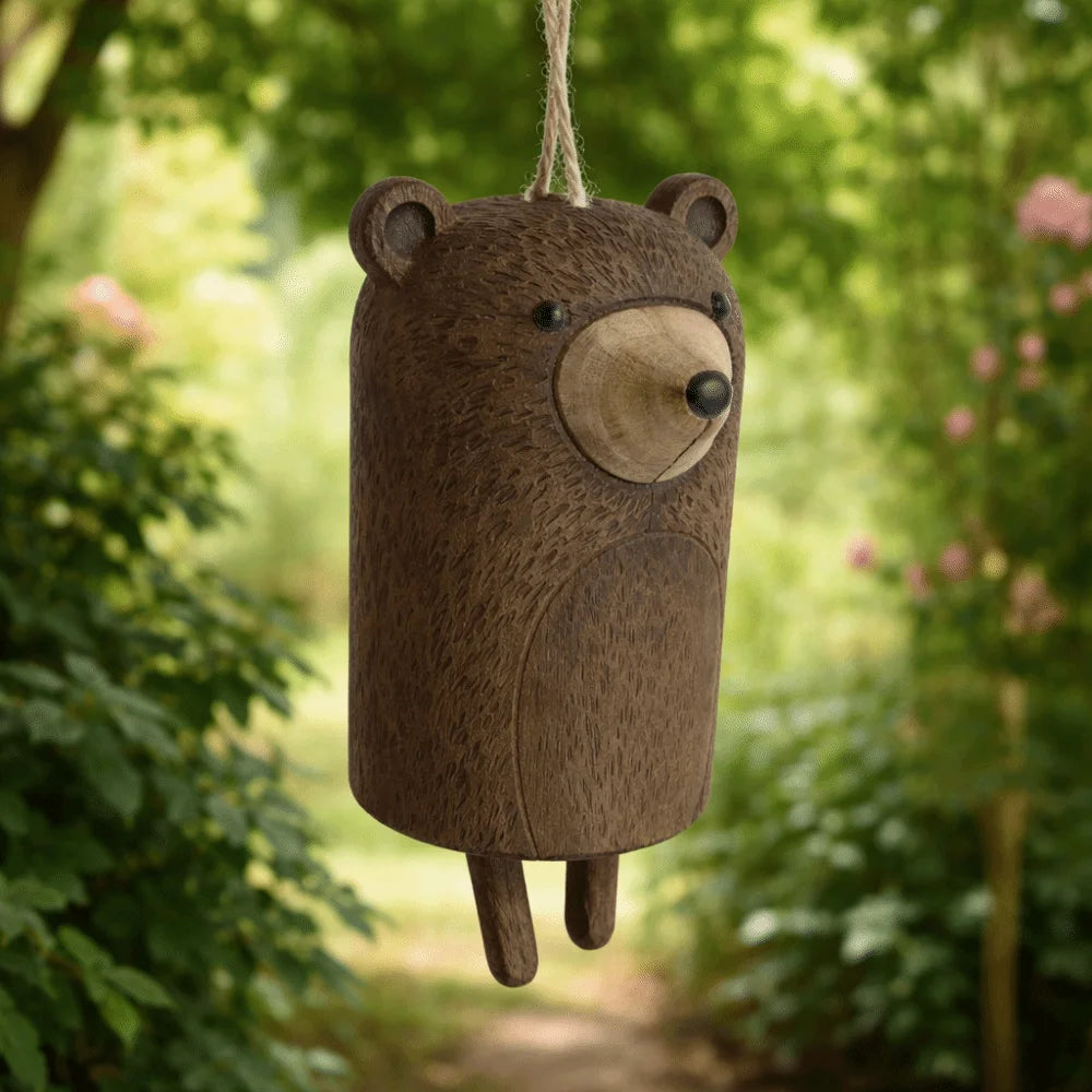Cute brown bear resin wind chime for rustic outdoor garden decor, a charming hanging animal pendant gift.