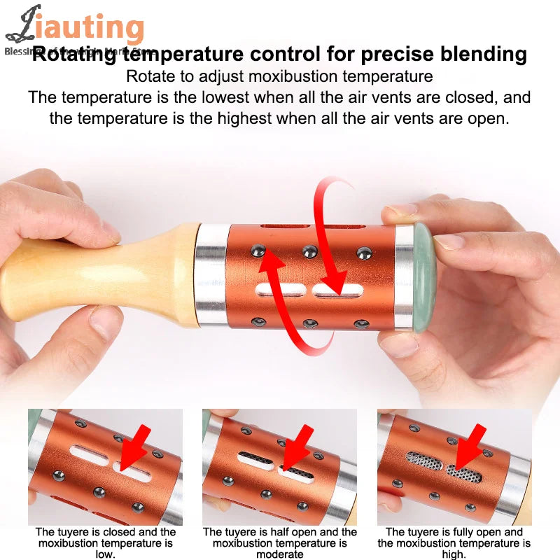 Jade facial moxibustion device with orange rotating heat control vents for adjustable hot compress therapy at home.