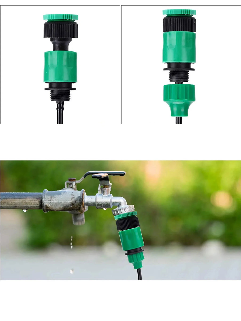 Pair of green-and-black quick coupling adapters with barbed connectors for hoses