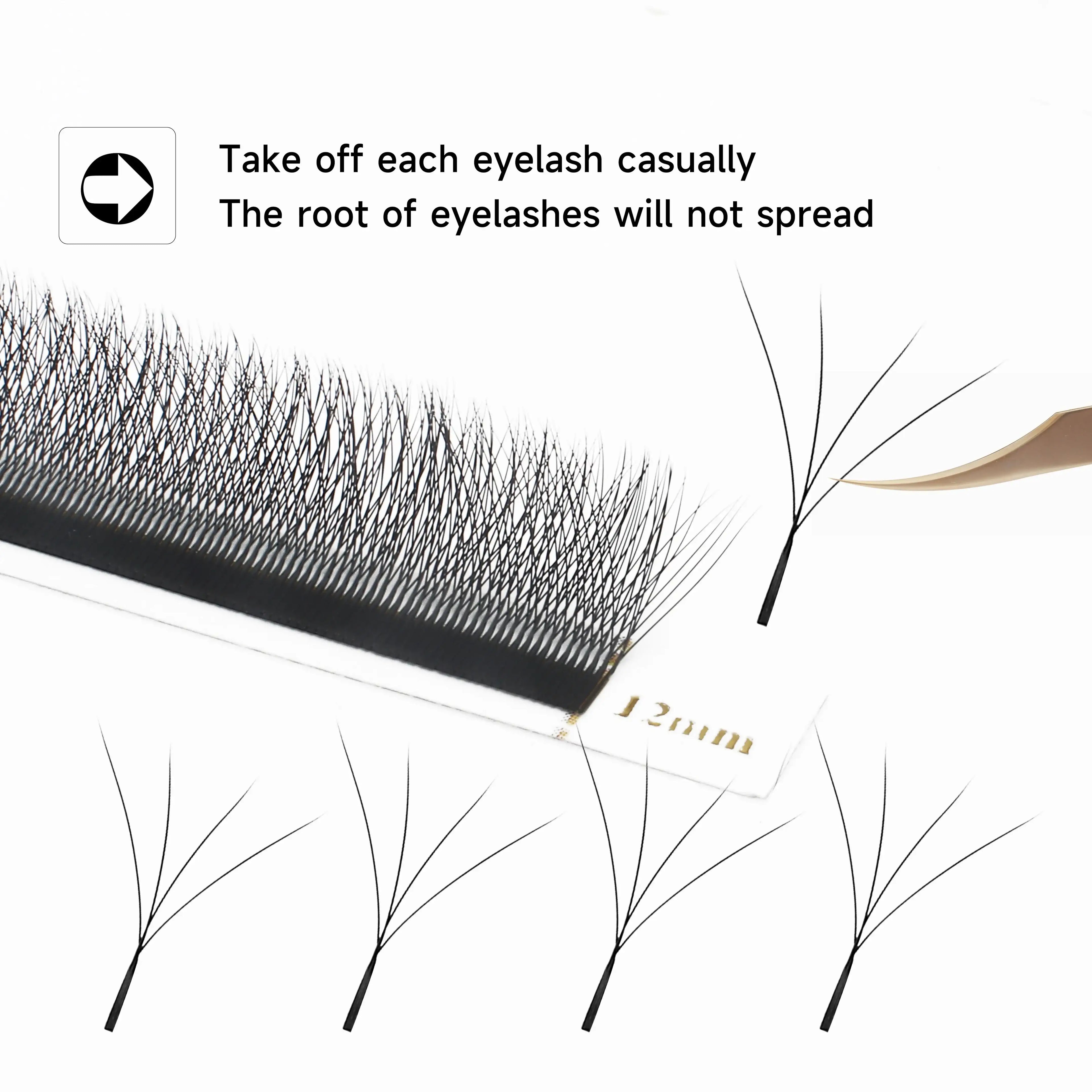 12mm black premade volume eyelash extension fans on a strip with tweezers for professional lash application.