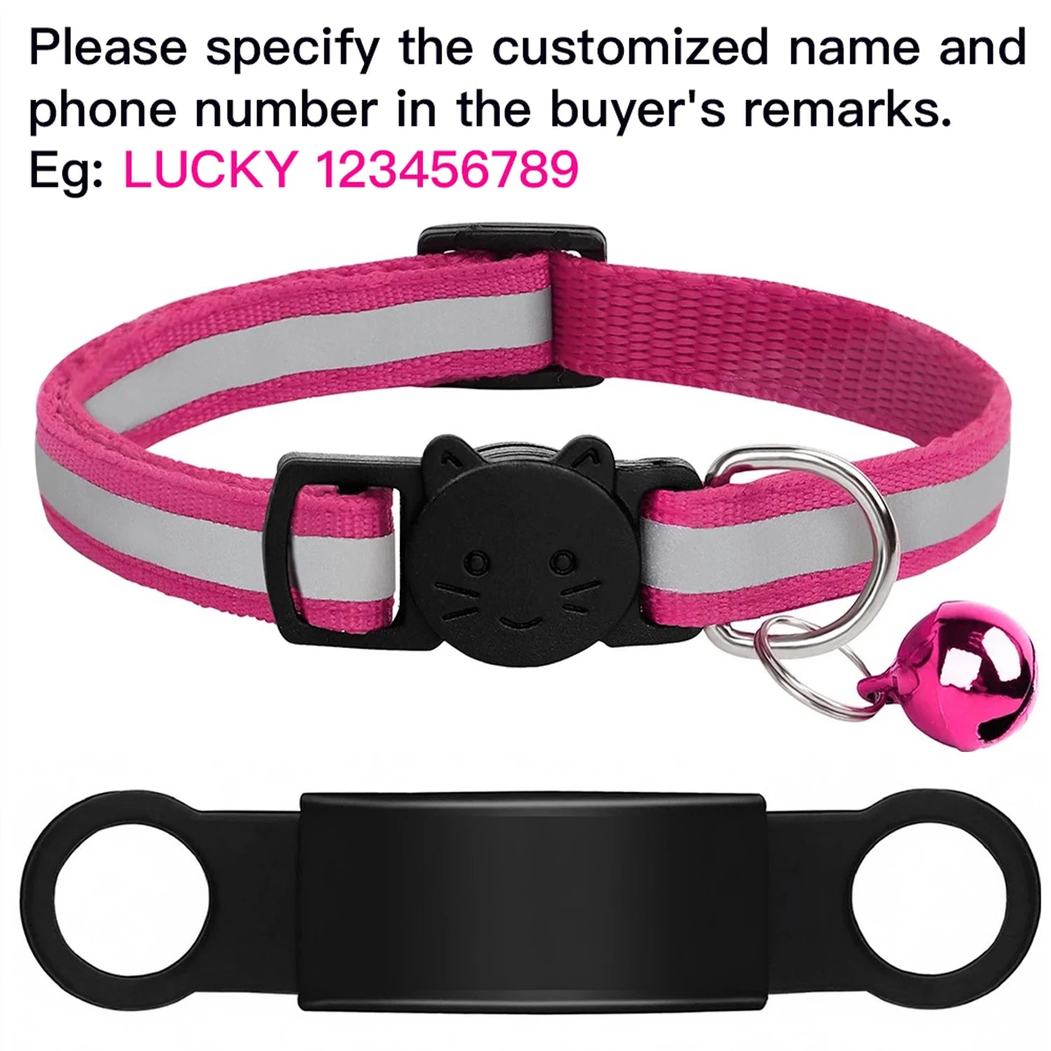 Customized pink reflective cat collar with anti-lost ID tag, bell, and engraved nameplate for puppy or kitten safety.