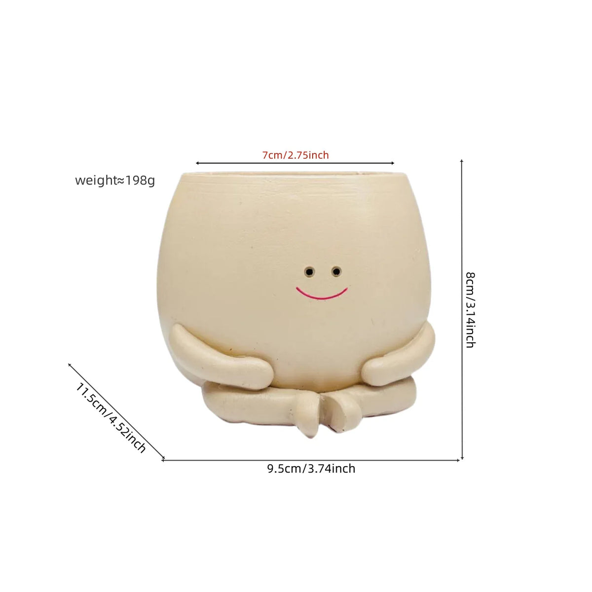 Cream mini succulent planter with smiling face and arms, size dimensions diagram