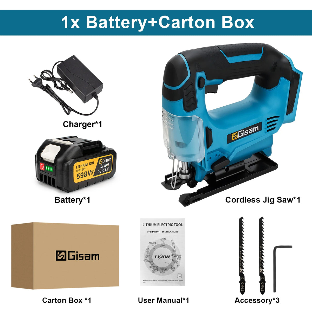 Blue cordless jig saw with charger, 1 battery, and accessory set