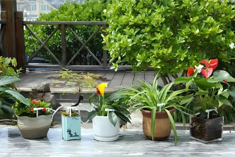 Automatic drip irrigation watering system with watering bag tubes feeding potted plants