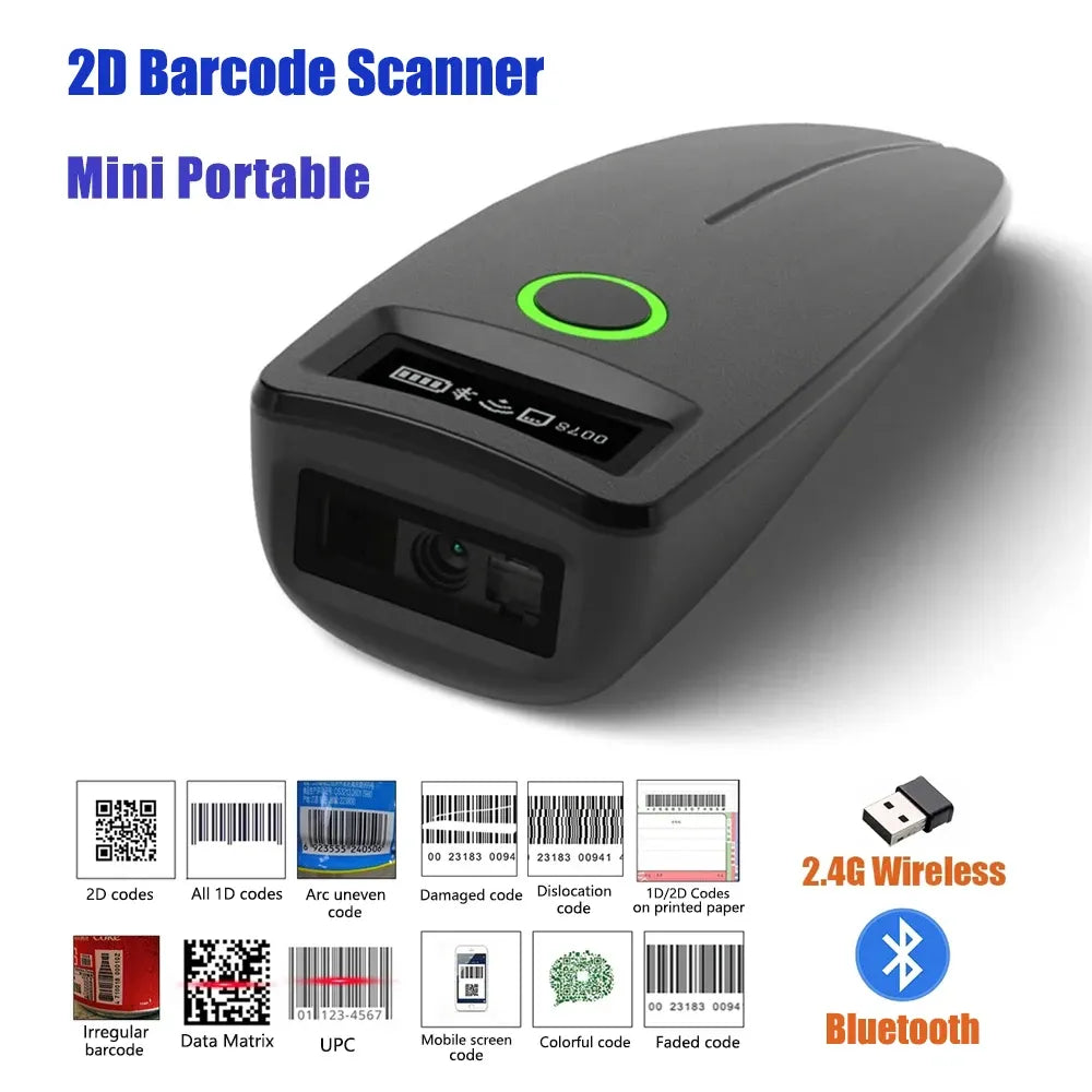 Handheld 2D barcode scanner in black with green power button and scan window