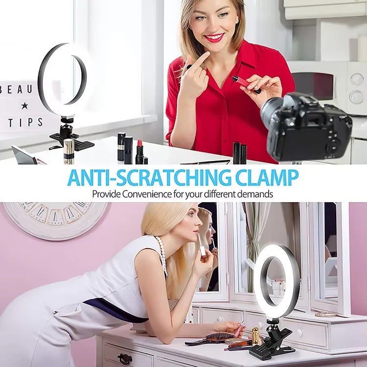 Round LED ring light with an anti-scratch table clamp for makeup application and content creation.