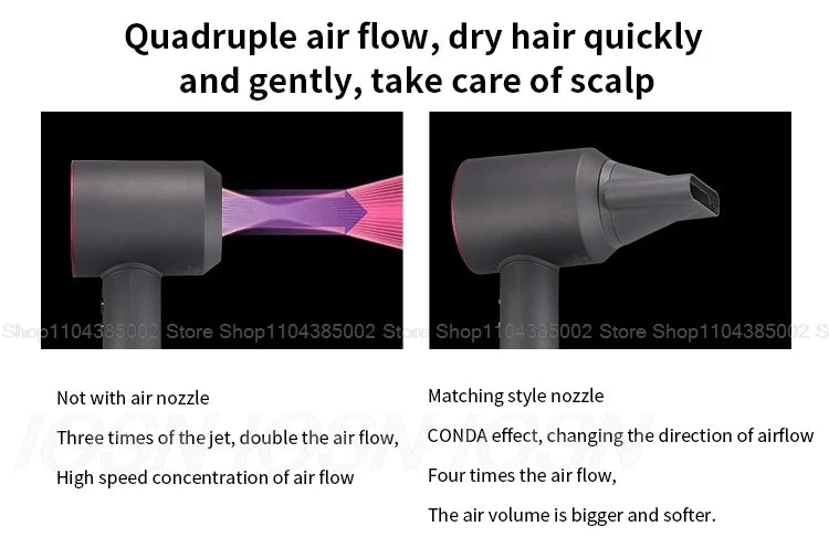 Dark grey leafless negative ion hair dryer with styling nozzle for quick drying and high-speed airflow.